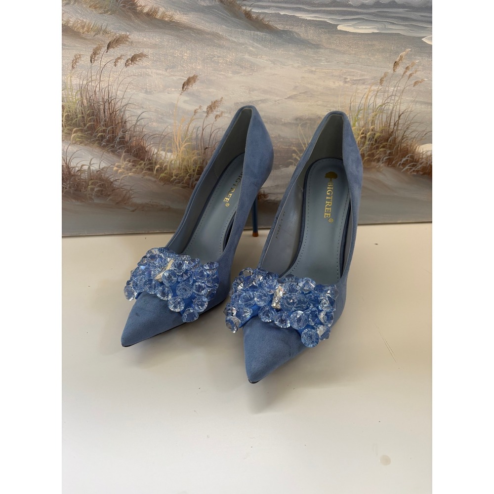 BIGTREE Light Blue Suede Crystal Bow Pumps Pointed Toe Stiletto Heels Size 41